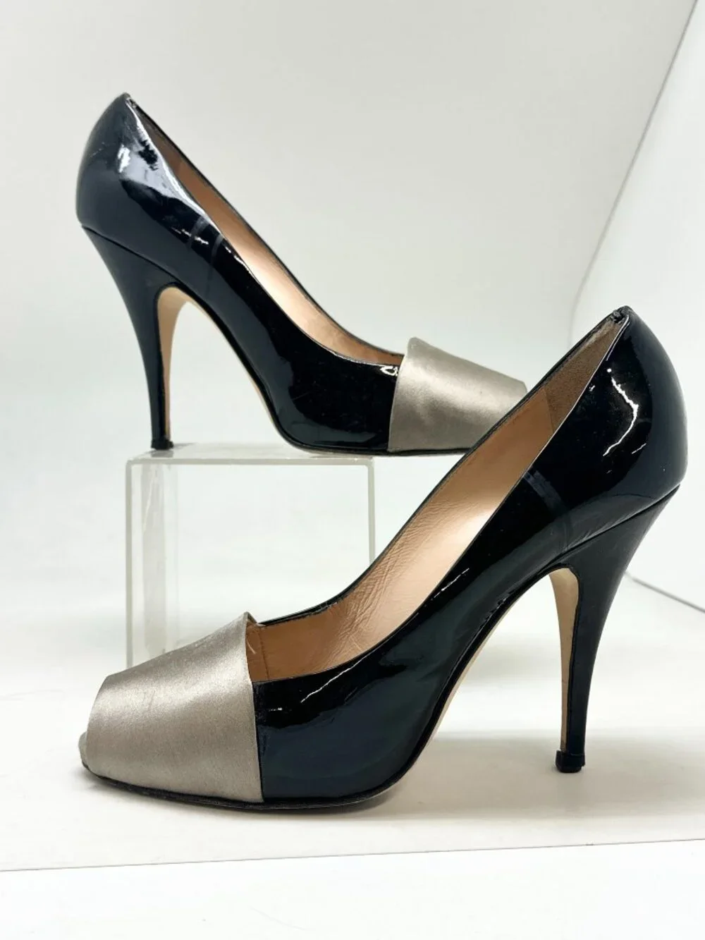 Giuseppe Zanotti Black Patent Leather Silver Peep Toe Heels Size 6.5